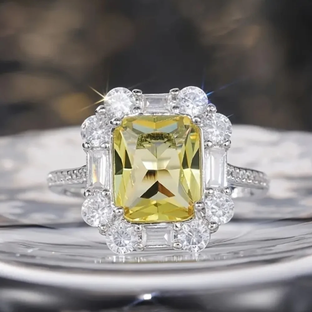 New Princess Square Cut Citrine Vice Stone Women Ring